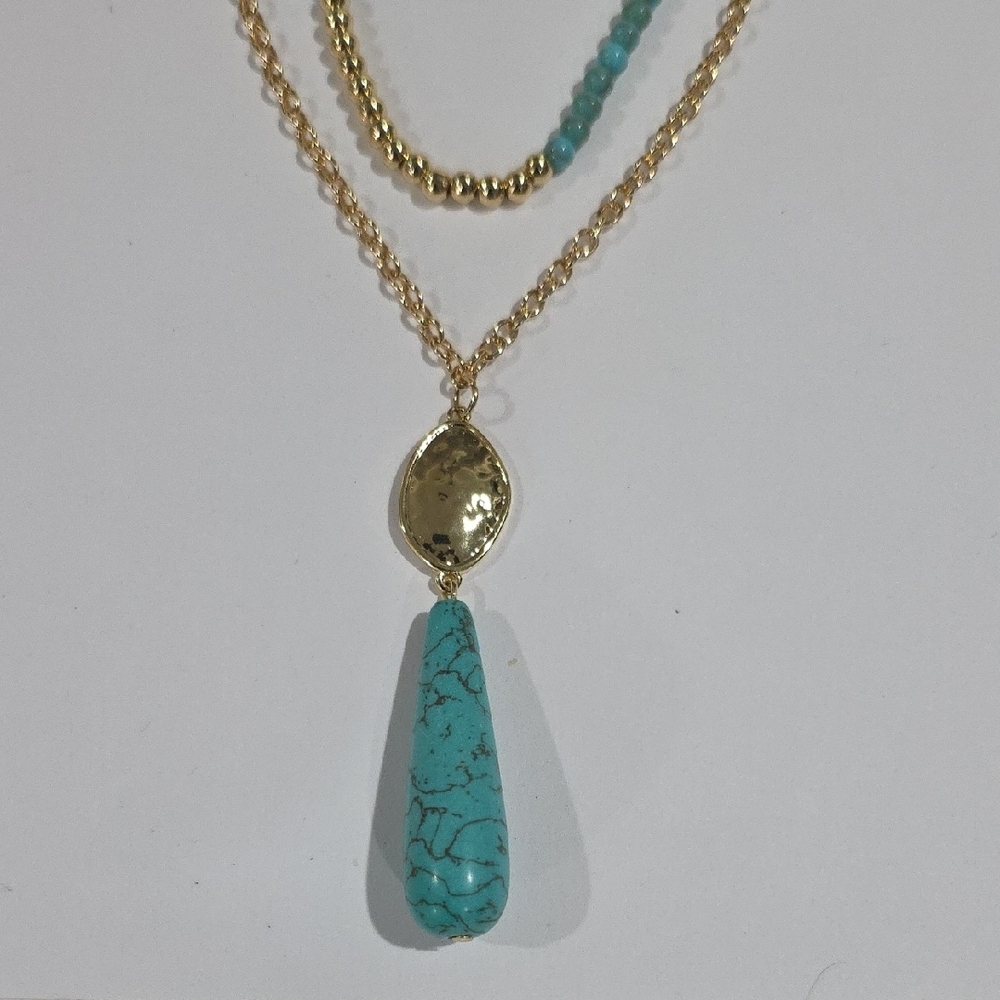 Calvin Klein Gold Plated Layered Necklace w/ Turquoise Beads & Pendant – Jewelry - Picture 3 of 9